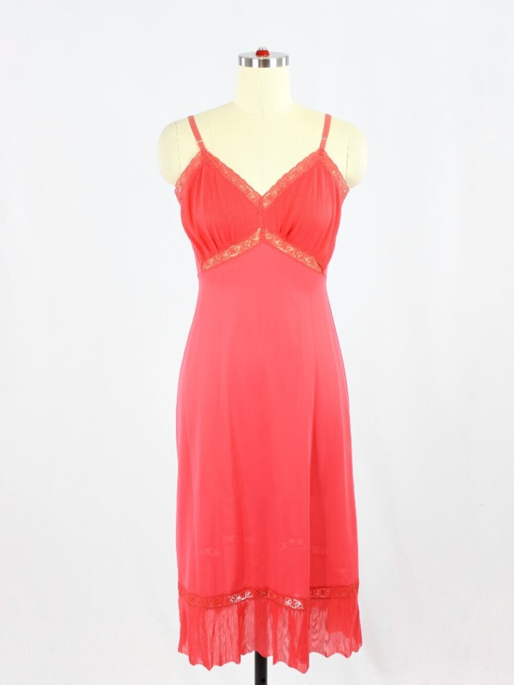 Vintage 60's LUXITE Dark Pink Red Nylon Pleated Lace Slip Dress, Size 32